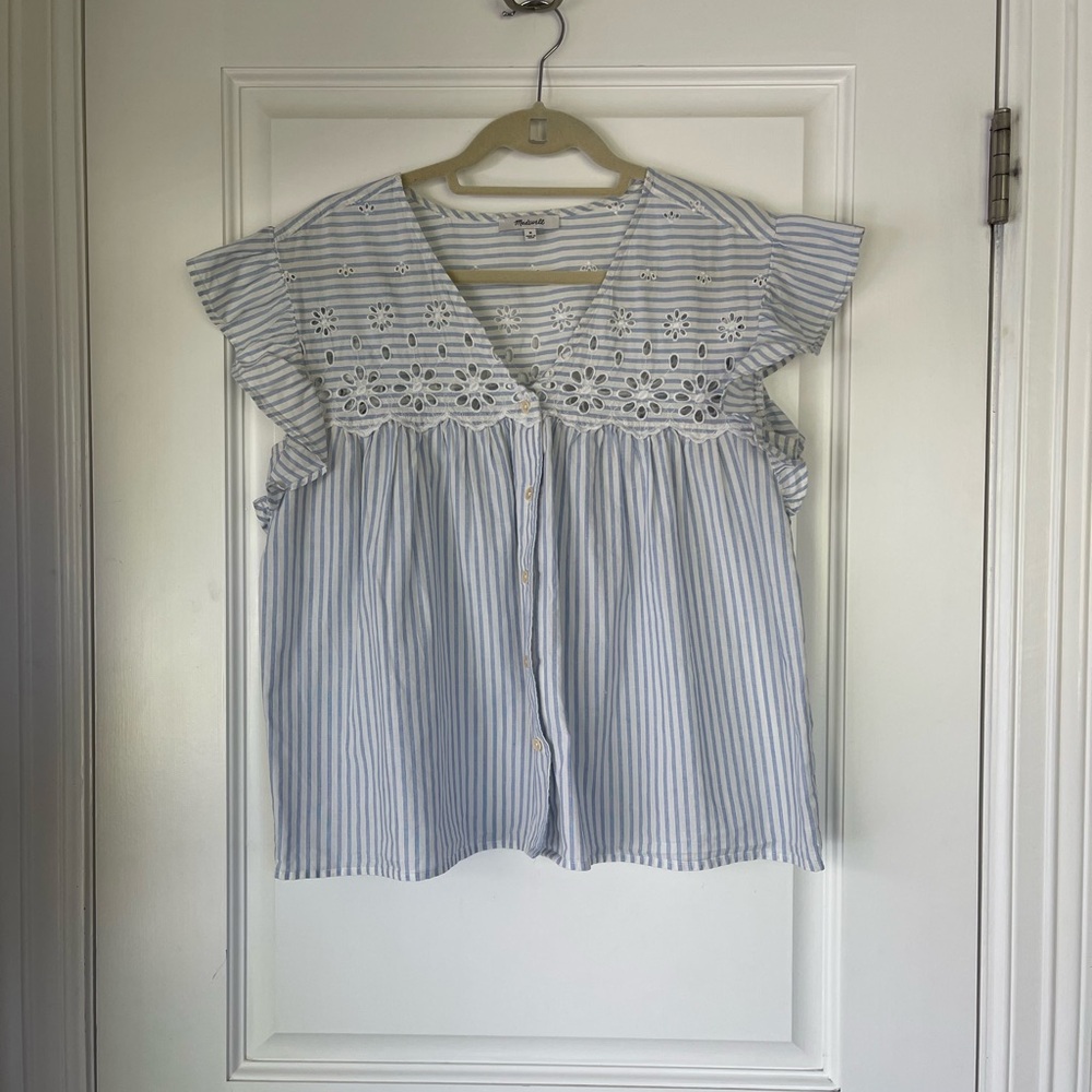 Madewell Preppy Flutter Sleeve Top, Blue + White Stripe w Cut-Out, Button-Up